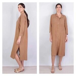 ENZA COSTA Revolve New Brown Linen Bracelet Sleeve Shirt Maxi Midi Dress Size 1